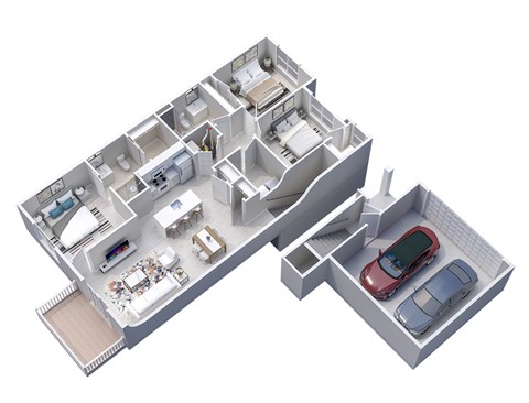 3D floor plan of 3-Bedroom, 2-Bath Upper Apartment with 2-Car Garage (1268 sq ft)